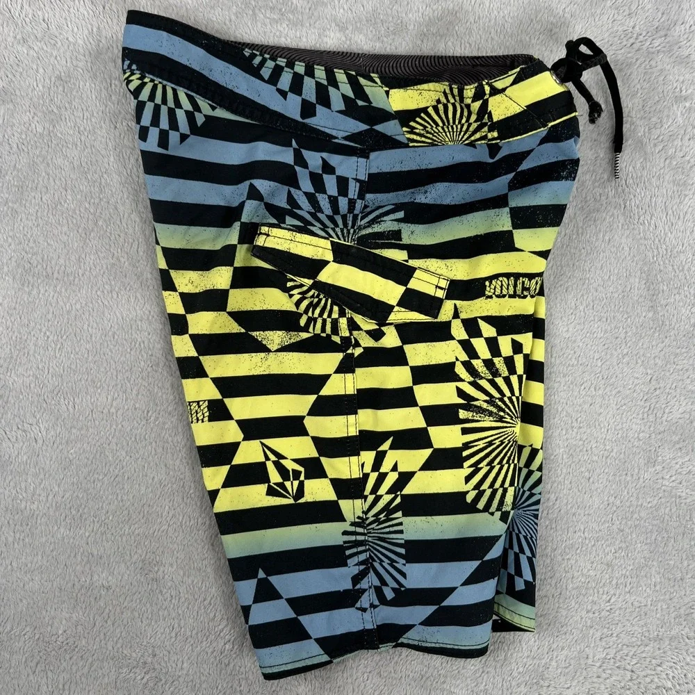 Volcom Mod-Tech Board Shorts 27 Yellow Blue Geometric Surf Swim Trunks Womens